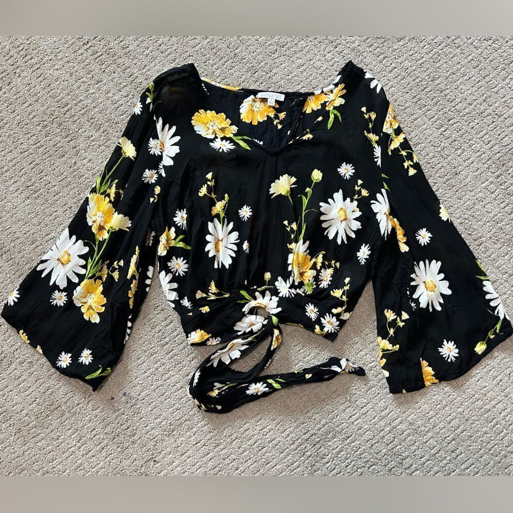 Patrons of Peace Black Floral Long Bell Sleeve Crop Top Tie-Back